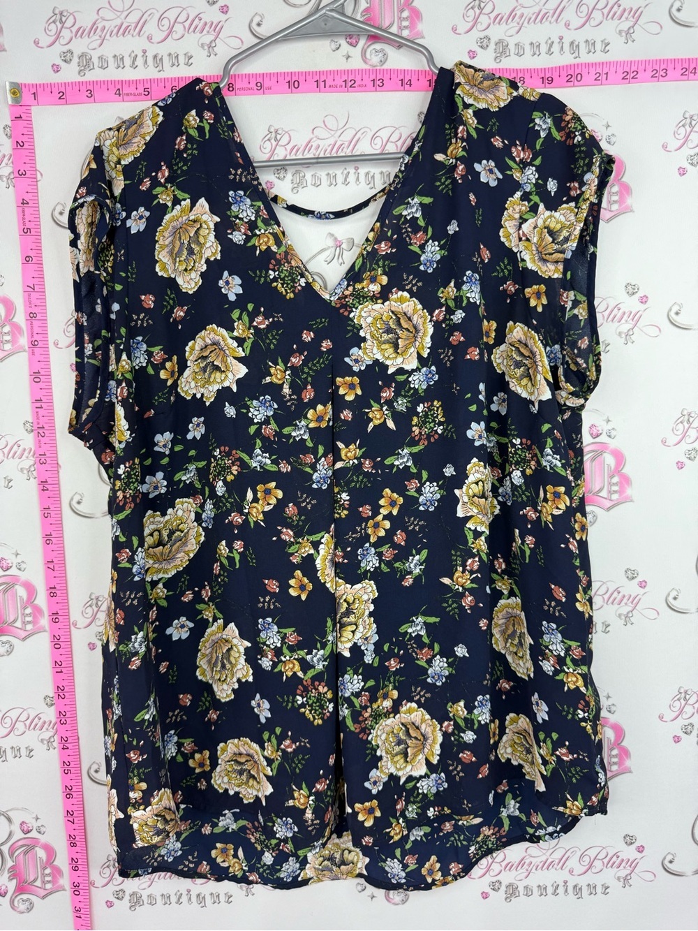 Halogen shirt Vneck Navy Floral V-Neck Blouse with Yellow Roses